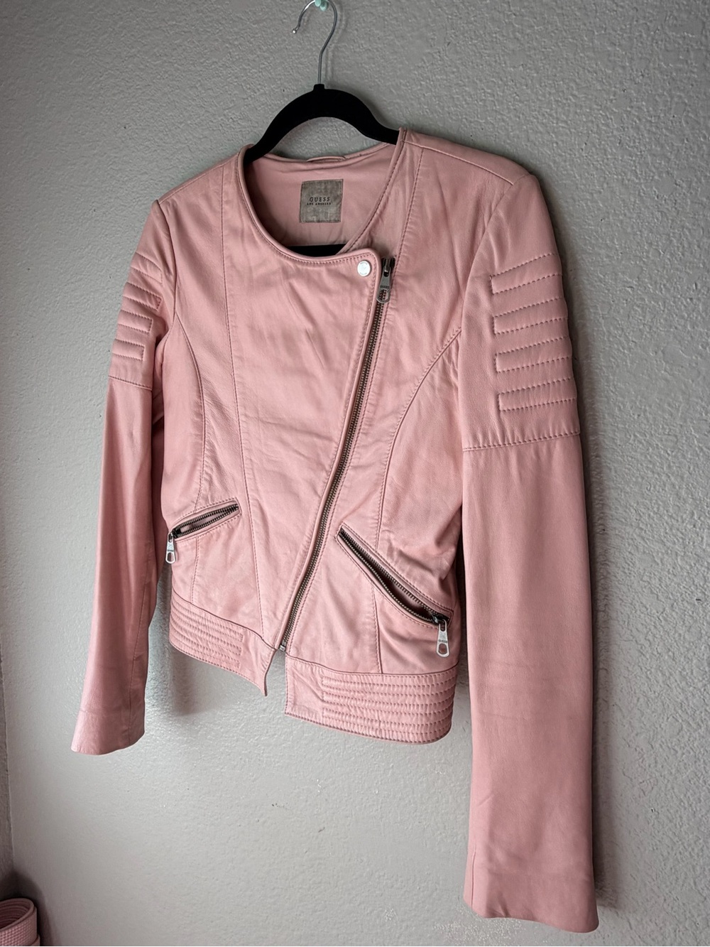 Guess Blush Pink Asymmetrical Leather Moto Jacket